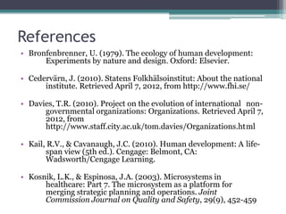 References
• Bronfenbrenner, U. (1979). The ecology of human development:
      Experiments by nature and design. Oxford: Elsevier.

• Cedervärn, J. (2010). Statens Folkhälsoinstitut: About the national
      institute. Retrieved April 7, 2012, from http://www.fhi.se/

• Davies, T.R. (2010). Project on the evolution of international non-
      governmental organizations: Organizations. Retrieved April 7,
      2012, from
      http://www.staff.city.ac.uk/tom.davies/Organizations.html

• Kail, R.V., & Cavanaugh, J.C. (2010). Human development: A life-
       span view (5th ed.). Cengage: Belmont, CA:
       Wadsworth/Cengage Learning.

• Kosnik, L.K., & Espinosa, J.A. (2003). Microsystems in
      healthcare: Part 7. The microsystem as a platform for
      merging strategic planning and operations. Joint
      Commission Journal on Quality and Safety, 29(9), 452-459
 