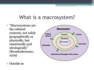 What is a macrosystem?
• “Macrosystems are
  the cultural
  contexts, not solely
  geographically or
  physically, but
  emotionally and
  ideologically”
  (Bronfenbrenner,
  1979)

• Outside in
 