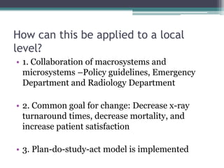 How can this be applied to a local
level?
• 1. Collaboration of macrosystems and
  microsystems –Policy guidelines, Emergency
  Department and Radiology Department

• 2. Common goal for change: Decrease x-ray
  turnaround times, decrease mortality, and
  increase patient satisfaction

• 3. Plan-do-study-act model is implemented
 