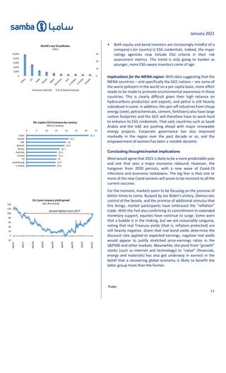 January 2021
Public
11
• Both equity and bond investors are increasingly mindful of a
company’s (or country’s) ESG credentials. Indeed, the major
ratings agencies now include ESG criteria in their risk
assessment metrics. This trend is only going to harden as
younger, more ESG-aware investors come of age.
Implications for the MENA region: With data suggesting that the
MENA countries – and specifically the GCC nations – are some of
the worst polluters in the world on a per capita basis, more effort
needs to be made to promote environmental awareness in these
countries. This is clearly difficult given their high reliance on
hydrocarbons production and exports, and petrol is still heavily
subsidised in some. In addition, the spin-off industries from cheap
energy (steel, petrochemicals, cement, fertilisers) also have large
carbon footprints and the GCC will therefore have to work hard
to enhance its ESG credentials. That said, countries such as Saudi
Arabia and the UAE are pushing ahead with major renewable
energy projects. Corporate governance has also improved
markedly in the region over the past decade or so, and the
empowerment of women has been a notable dynamic.
Concluding thoughts/market implications
Most would agree that 2021 is likely to be a more predictable year
and one that sees a major economic rebound. However, the
hangover from 2020 persists, with a new wave of Covid-19
infections and economic lockdowns. The big fear is that one or
more of the new Covid variants will prove to be resistant to all the
current vaccines.
For the moment, markets seem to be focusing on the promise of
better times to come. Buoyed by Joe Biden’s victory, Democratic
control of the Senate, and the promise of additional stimulus that
this brings, market participants have embraced the “reflation”
trade. With the Fed also confirming its commitment to extended
monetary support, equities have continue to surge. Some warn
that a bubble is in the making, but we are reasonably sanguine,
noting that real Treasury yields (that is, inflation protected) are
still heavily negative. Given that real bond yields determine the
discount rate applied to expected earnings, negative real yields
would appear to justify stretched price-earnings ratios in the
S&P500 and other markets. Meanwhile, the pivot from “growth”
stocks (such as internet and technology) to “value” (financials,
energy and materials) has also got underway in earnest in the
belief that a recovering global economy is likely to benefit the
latter group more than the former.
 