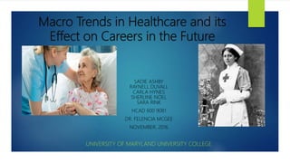 Macro Trends in Healthcare and its
Effect on Careers in the Future
SADIE ASHBY
RAYNELL DUVALL
CARLA HYNES
SHERLINE NOEL
SARA RINK
HCAD 600 9081
DR. FELENCIA MCGEE
NOVEMBER, 2016
UNIVERSITY OF MARYLAND UNIVERSITY COLLEGE
 
