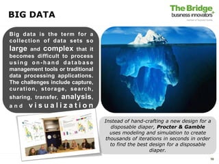 10
BIG DATA
Big data is the term for a
collection of data sets so
large and complex that it
becomes difficult to process
u s i n g o n - h a n d d a t a b a s e
management tools or traditional
data processing applications.
The challenges include capture,
curation, storage, search,
sharing, transfer, analysis,
a n d v i s u a l i z a t i o n
Instead of hand-crafting a new design for a
disposable diaper, Procter & Gamble
uses modeling and simulation to create
thousands of iterations in seconds in order
to find the best design for a disposable
diaper.
 