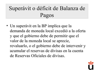 Un superávit en la BP implica que la demanda de moneda local excedió a la oferta y que el gobierno debe de permitir que el valor de la moneda local se aprecie, revaluarlo, o el gobierno debe de intervenir y acumular el reservas de divisas en la cuenta de Reservas Oficiales de divisas. Superávit o déficit de Balanza de Pagos 