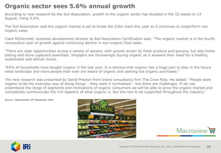 Copyright © 2015 Information Resources, Inc. (IRI). Confidential and Proprietary. 10
Organic sector sees 5.6% annual growth
According to new research by the Soil Association, growth in the organic sector has doubled in the 52 weeks to 13
August, rising 5.6%.
The Soil Association said the organic market is set to break the £2bn mark this year as it continues to outperform non
organic sales.
Clare McDermott, business development director at Soil Association Certification said: “The organic market is in the fourth
consecutive year of growth against continuing decline in non-organic food sales.
“There are clear opportunities across a variety of sectors, with growth driven by fresh produce and grocery, but also home
baking and store cupboard essentials. Shoppers are increasingly buying organic as it answers their need for a healthy,
sustainable and ethical choice.
“83% of households have bought organic in the last year. It is obvious that organic has a huge part to play in the future
retail landscape and more people than ever are aware of organic and seeking out organic purchases.”
The new research was presented by David Preston from brand consultancy firm The Crow Flies. He added: “People want
organic to be the everyday way of doing things – they want it normalised – but there are challenges. If we can
understand the range of segments and motivations of organic consumers we will be able to grow the organic market and
consistently communicate the rich tapestry of what organic is. But this has to be supported throughout the industry.”
Source: Talking Retail 14th September 2016
 