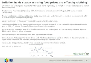 Copyright © 2015 Information Resources, Inc. (IRI). Confidential and Proprietary. 8
Inflation holds steady as rising food prices are offset by clothing
UK inflation was unchanged in August after hitting a 20-month high in July, as rising food prices were tempered by alcohol
and clothing costs.
The Consumer Price Index (CPI) was up 0.6% for the second consecutive month in August, ONS figures revealed.
UK high street
The increased costs were triggered by rising food prices, which were up 0.6% month-on-month in comparison with a fall
of 0.2% during the same period a year ago.
Upward contributors in the category included bread, cereal and meat products.
Clothing and footwear prices rose 1% month-on-month in August, compared to a 1.5% rise during the same period last
year as children’s outwear items pulled down overall costs in the category.
Prices of alcoholic beverages were up 0.3% month-on-month, but down against a 2.4% rise during the same period in
2015, mainly driven by falling wine costs.
The cost of furniture and furnishing items were also down year-on-year.
Simon-Kucher & Partners partner James Brown said: ”We forecast continued growth in inflation in the coming months as
higher import costs from the devalued sterling find their way into consumer prices.”
However, the ONS pointed out that the rises are relatively minimal in the historic context.
Source: Retail Week 13th September 2016
 