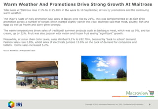 Copyright © 2015 Information Resources, Inc. (IRI). Confidential and Proprietary. 9
Warm Weather And Promotions Drive Strong Growth At Waitrose
Total sales at Waitrose rose 7.1% to £125.88m in the week to 10 September, driven by promotions and the continuing
warm weather.
The chain’s Taste of Italy promotion saw sales of Italian wine rise by 25%. This was complemented by its half-price
promotion across a number of ranges which started slightly earlier this year. Waitrose said that meat, poultry, fish and
eggs as well as frozen and dairy grew strongly.
The warm temperatures drove sales of traditional summer products such as barbeque meat, which was up 9%, and ice
cream, up by 22%. Fruit was also popular with melon and frozen fruit seeing “significant” growth.
Meanwhile, at sister chain John Lewis, sales climbed 9.1% to £82.70m, boosted by ‘back to school’ demand.
Fashion sales rose 6.8%, whilst sales of electricals jumped 15.8% on the back of demand for computers and
tablets. Home sales increased 5.2%.
Source: NamNews 14th September 2016
 
