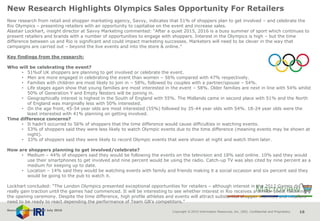 Copyright © 2015 Information Resources, Inc. (IRI). Confidential and Proprietary. 16
New Research Highlights Olympics Sales Opportunity For Retailers
New research from retail and shopper marketing agency, Savvy, indicates that 51% of shoppers plan to get involved – and celebrate the
Rio Olympics – presenting retailers with an opportunity to capitalise on the event and increase sales.
Alastair Lockhart, insight director at Savvy Marketing commented: “After a quiet 2015, 2016 is a busy summer of sport which continues to
present retailers and brands with a number of opportunities to engage with shoppers. Interest in the Olympics is high – but the time
difference between us and Rio is significant and could impact marketing successes. Marketers will need to be clever in the way that
campaigns are carried out – beyond the live events and into the store & online.”
Key findings from the research:
Who will be celebrating the event?
• 51%of UK shoppers are planning to get involved or celebrate the event.
• Men are more engaged in celebrating the event than women – 56% compared with 47% respectively.
• Families with children are most likely to join in – 58%, followed by couples with a partner/spouse – 54%.
• Life stages again show that young families are most interested in the event – 58%. Older families are next in line with 54% whilst
50% of Generation Y and Empty Nesters will be joining in.
• Geographically interest is highest in the South of England with 55%. The Midlands came in second place with 51% and the North
of England was marginally less with 50% interested.
• On the age front, 45-54 year olds are most interested (55%) followed by 35-44 year olds with 54%. 18-24 year olds were the
least interested with 41% planning on getting involved.
Time difference concerns?
• It hadn’t occurred to 56% of shoppers that the time difference would cause difficulties in watching events.
• 53% of shoppers said they were less likely to watch Olympic events due to the time difference (meaning events may be shown at
night).
• 33% of shoppers said they were likely to record Olympic events that were shown at night and watch them later.
How are shoppers planning to get involved/celebrate?
• Medium – 44% of shoppers said they would be following the events on the television and 18% said online. 10% said they would
use their smartphones to get involved and nine percent would be using the radio. Catch-up TV was also cited by nine percent as a
medium for keeping up to date.
• Location – 14% said they would be watching events with family and friends making it a social occasion and six percent said they
would be going to the pub to watch it.
Lockhart concluded: “The London Olympics presented exceptional opportunities for retailers – although interest in the 2012 Games did not
really gain traction until the games had commenced. It will be interesting to see whether interest in Rio receives a similar boost following
the opening ceremony. Despite the time difference, high profile athletes and events will attract substantial shopper interest, and retailers
need to be ready to react depending the performance of Team GB’s competitors.”
Source: NamNews 22nd July 2016
 