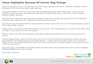 Copyright © 2015 Information Resources, Inc. (IRI). Confidential and Proprietary. 5
Tesco Highlights Success Of Carrier Bag Charge
Tesco has revealed that over 1.5 billion single-use carrier bags have been saved by its customers in England since the
introduction of the Government bag charge a year ago.
The figures represent a 72% fall in the use of single-use plastic bags being used in Tesco stores. Tesco customers
shopping on tesco.com have also dramatically reduced the number of bags they use, with 57% of online shoppers
selecting ‘bagless’ deliveries.
The Government’s 5p plastic bag charge was introduced in England on 5 October last year with the aim of cutting the
number of plastic bags given out in shops and improving the environment.
Over the last year, the money raised by Tesco customers has been used to help fund 1,170 community projects as part of
Tesco’s Bags of Help initiative.
George Gordon, UK & ROI Communications Director at Tesco said: “We’re encouraging our customers to use fewer single-
use bags, so these figures are really encouraging.
“Also the money raised from our customers buying bags is making a big difference to local communities across the
country.
“Thanks to Bags of Help, nearly £12m has been spent so far on local environmental improvement projects like parks,
sports facilities, school playgrounds and community gardens – projects that have all been chosen by our customers.
“Going forward, we will help customers do even more for their communities by bringing together more projects for them
to vote on every month.”
Earlier this month, Lidl pledged to stop selling single-use plastic carrier bags altogether across all its stores in England,
Scotland and Wales from 1 July next year.
Source: NamNews 4th October 2016
 