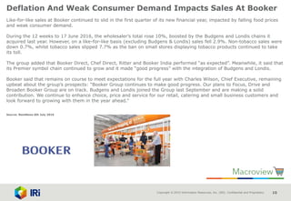 Copyright © 2015 Information Resources, Inc. (IRI). Confidential and Proprietary. 10
Deflation And Weak Consumer Demand Impacts Sales At Booker
Like-for-like sales at Booker continued to slid in the first quarter of its new financial year, impacted by falling food prices
and weak consumer demand.
During the 12 weeks to 17 June 2016, the wholesaler’s total rose 10%, boosted by the Budgens and Londis chains it
acquired last year. However, on a like-for-like basis (excluding Budgens & Londis) sales fell 2.9%. Non-tobacco sales were
down 0.7%, whilst tobacco sales slipped 7.7% as the ban on small stores displaying tobacco products continued to take
its toll.
The group added that Booker Direct, Chef Direct, Ritter and Booker India performed “as expected”. Meanwhile, it said that
its Premier symbol chain continued to grow and it made “good progress” with the integration of Budgens and Londis.
Booker said that remains on course to meet expectations for the full year with Charles Wilson, Chief Executive, remaining
upbeat about the group’s prospects: “Booker Group continues to make good progress. Our plans to Focus, Drive and
Broaden Booker Group are on track. Budgens and Londis joined the Group last September and are making a solid
contribution. We continue to enhance choice, price and service for our retail, catering and small business customers and
look forward to growing with them in the year ahead.”
Source: NamNews 6th July 2016
 