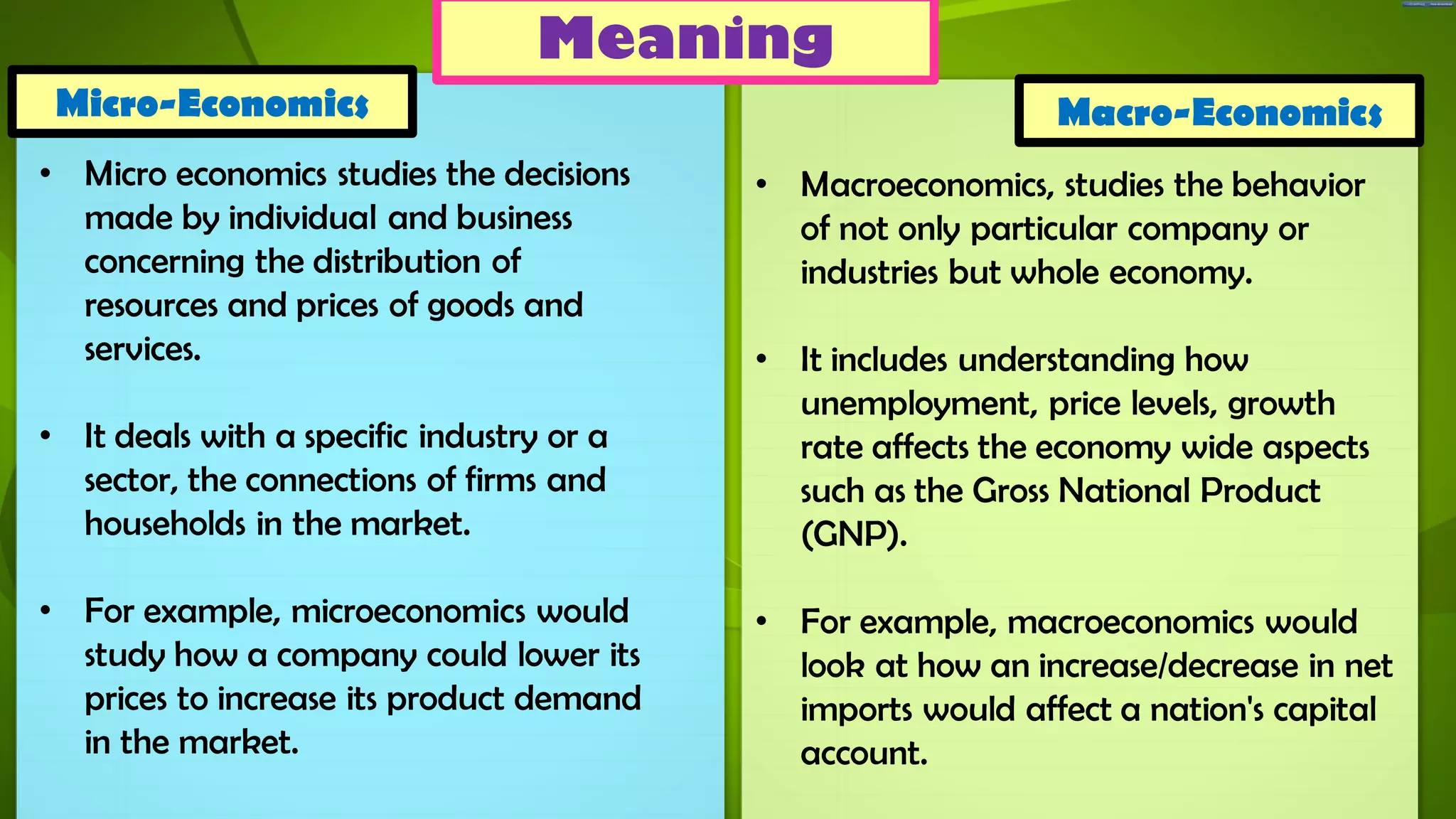 Meaning
Micro-Economics
• Micro economics studies the decisions
made by individual and business
concerning the distribution of
resources and prices of goods and
services.

Macro-Economics
• Macroeconomics, studies the behavior
of not only particular company or
industries but whole economy.

• It deals with a specific industry or a
sector, the connections of firms and
households in the market.

• It includes understanding how
unemployment, price levels, growth
rate affects the economy wide aspects
such as the Gross National Product
(GNP).

• For example, microeconomics would
study how a company could lower its
prices to increase its product demand
in the market.

• For example, macroeconomics would
look at how an increase/decrease in net
imports would affect a nation's capital
account.

 