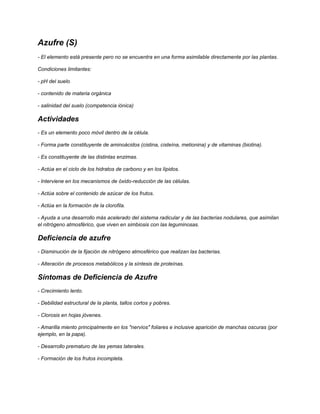 Azufre (S)
- El elemento está presente pero no se encuentra en una forma asimilable directamente por las plantas.
Condiciones limitantes:
- pH del suelo
- contenido de materia orgánica
- salinidad del suelo (competencia iónica)
Actividades
- Es un elemento poco móvil dentro de la célula.
- Forma parte constituyente de aminoácidos (cistina, cisteína, metionina) y de vitaminas (biotina).
- Es constituyente de las distintas enzimas.
- Actúa en el ciclo de los hidratos de carbono y en los lípidos.
- Interviene en los mecanismos de óxido-reducción de las células.
- Actúa sobre el contenido de azúcar de los frutos.
- Actúa en la formación de la clorofila.
- Ayuda a una desarrollo más acelerado del sistema radicular y de las bacterias nodulares, que asimilan
el nitrógeno atmosférico, que viven en simbiosis con las leguminosas.
Deficiencia de azufre
- Disminución de la fijación de nitrógeno atmosférico que realizan las bacterias.
- Alteración de procesos metabólicos y la síntesis de proteínas.
Síntomas de Deficiencia de Azufre
- Crecimiento lento.
- Debilidad estructural de la planta, tallos cortos y pobres.
- Clorosis en hojas jóvenes.
- Amarilla miento principalmente en los "nervios" foliares e inclusive aparición de manchas oscuras (por
ejemplo, en la papa).
- Desarrollo prematuro de las yemas laterales.
- Formación de los frutos incompleta.
 