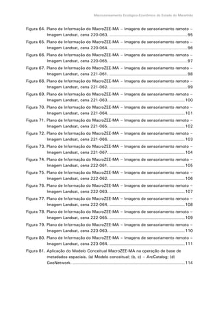 Macrozoneamento Ecológico-Econômico do Estado do Maranhão
Figura 64. Plano de Informação do MacroZEE-MA – Imagens de sensoriamento remoto –
Imagem Landsat, cena 220-063. .........................................................95
Figura 65. Plano de Informação do MacroZEE-MA – Imagens de sensoriamento remoto –
Imagem Landsat, cena 220-064. .........................................................96
Figura 66. Plano de Informação do MacroZEE-MA – Imagens de sensoriamento remoto –
Imagem Landsat, cena 220-065. .........................................................97
Figura 67. Plano de Informação do MacroZEE-MA – Imagens de sensoriamento remoto –
Imagem Landsat, cena 221-061. .........................................................98
Figura 68. Plano de Informação do MacroZEE-MA – Imagens de sensoriamento remoto –
Imagem Landsat, cena 221-062. .........................................................99
Figura 69. Plano de Informação do MacroZEE-MA – Imagens de sensoriamento remoto –
Imagem Landsat, cena 221-063. .......................................................100
Figura 70. Plano de Informação do MacroZEE-MA – Imagens de sensoriamento remoto –
Imagem Landsat, cena 221-064. .......................................................101
Figura 71. Plano de Informação do MacroZEE-MA – Imagens de sensoriamento remoto –
Imagem Landsat, cena 221-065. .......................................................102
Figura 72. Plano de Informação do MacroZEE-MA – Imagens de sensoriamento remoto –
Imagem Landsat, cena 221-066. .......................................................103
Figura 73. Plano de Informação do MacroZEE-MA – Imagens de sensoriamento remoto –
Imagem Landsat, cena 221-067. .......................................................104
Figura 74. Plano de Informação do MacroZEE-MA – Imagens de sensoriamento remoto –
Imagem Landsat, cena 222-061. .......................................................105
Figura 75. Plano de Informação do MacroZEE-MA – Imagens de sensoriamento remoto –
Imagem Landsat, cena 222-062. .......................................................106
Figura 76. Plano de Informação do MacroZEE-MA – Imagens de sensoriamento remoto –
Imagem Landsat, cena 222-063. .......................................................107
Figura 77. Plano de Informação do MacroZEE-MA – Imagens de sensoriamento remoto –
Imagem Landsat, cena 222-064. .......................................................108
Figura 78. Plano de Informação do MacroZEE-MA – Imagens de sensoriamento remoto –
Imagem Landsat, cena 222-065. .......................................................109
Figura 79. Plano de Informação do MacroZEE-MA – Imagens de sensoriamento remoto –
Imagem Landsat, cena 223-063. .......................................................110
Figura 80. Plano de Informação do MacroZEE-MA – Imagens de sensoriamento remoto –
Imagem Landsat, cena 223-064. .......................................................111
Figura 81. Aplicação do Modelo Conceitual MacroZEE-MA na operação de base de
metadados espaciais. (a) Modelo conceitual; (b, c) – ArcCatalog; (d)
GeoNetwork. ..................................................................................114
 