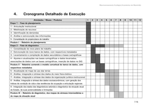 Macrozoneamento Ecológico-Econômico do Maranhão
115
4. Cronograma Detalhado de Execução
Atividades / Meses / Produtos 1 2 3 4 5 6 7 8 9 10 11 12
Etapa 1 – Fase de planejamento
1 - Articulação institucional
2 - Mobilização de recursos
3 - Identificação de demandas
4 - Análise e estruturação das informações
5 - Consolidação do projeto/plano de trabalho
Produto I – Relatório de planejamento
Etapa 2 – Fase de diagnóstico
1 - Consolidação do novo plano de trabalho
2 - Estruturação do novo banco de dados, com respectivos metadados
3 - Levantamento e compilação de dados secundários e bases cartográficas
4 - Ajustes e atualizações nas bases cartográficas e dados levantados,
associações de dados com as bases cartográficas, inserção de dados no SIG
Produto II – Relatório contendo o modelo conceitual do banco de dados, com
respectivos metadados
5 - Atualização do mapa de uso das terras
6 - Análise, integração e síntese dos dados do meio físico-biótico
7 - Análise, integração e síntese dos dados da organização jurídico-institucional
8 - Análise, integração e síntese dos dados socioeconômicos, com geração dos
índices de condição de vida e das tendências de ocupação e articulação regionais
9 - Integração dos dados dos diagnósticos setoriais e diagnóstico da situação atual
do Estado, de suas potencialidades e limitações
Produto III – Relatório de diagnóstico, dos mapas de sínteses intermediárias e
do mapa da situação atual
 