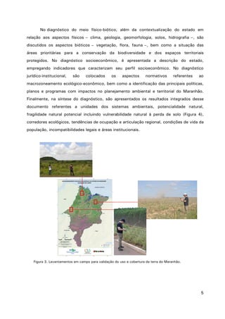 5
No diagnóstico do meio físico-biótico, além da contextualização do estado em
relação aos aspectos físicos – clima, geologia, geomorfologia, solos, hidrografia –, são
discutidos os aspectos bióticos – vegetação, flora, fauna –, bem como a situação das
áreas prioritárias para a conservação da biodiversidade e dos espaços territoriais
protegidos. No diagnóstico socioeconômico, é apresentada a descrição do estado,
empregando indicadores que caracterizam seu perfil socioeconômico. No diagnóstico
jurídico-institucional, são colocados os aspectos normativos referentes ao
macrozoneamento ecológico-econômico, bem como a identificação das principais políticas,
planos e programas com impactos no planejamento ambiental e territorial do Maranhão.
Finalmente, na síntese do diagnóstico, são apresentados os resultados integrados desse
documento referentes a unidades dos sistemas ambientais, potencialidade natural,
fragilidade natural potencial incluindo vulnerabilidade natural à perda de solo (Figura 4),
corredores ecológicos, tendências de ocupação e articulação regional, condições de vida da
população, incompatibilidades legais e áreas institucionais.
Figura 3. Levantamentos em campo para validação do uso e cobertura da terra do Maranhão.
 