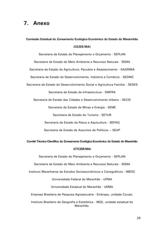 26
7. Anexo
Comissão Estadual do Zoneamento Ecológico-Econômico do Estado do Marannhão
(CEZEE/MA)
Secretaria de Estado do Planejamento e Orçamento - SEPLAN
Secretaria de Estado do Meio Ambiente e Recursos Naturais - SEMA
Secretaria de Estado da Agricultura, Pecuária e Abastecimento - SAGRIMA
Secretaria de Estado do Desenvolvimento, Indústria e Comércio - SEDINC
Secretaria de Estado do Desenvolvimento Social e Agricultura Familiar - SEDES
Secretaria de Estado da Infraestrutura - SINFRA
Secretaria de Estado das Cidades e Desenvolvimento Urbano - SECID
Secretaria de Estado de Minas e Energia - SEME
Secretaria de Estado do Turismo - SETUR
Secretaria de Estado da Pesca e Aquicultura - SEPAQ
Secretaria de Estado de Assuntos de Políticos – SEAP
Comitê Técnico-Científico do Zoneamento Ecológico-Econômico do Estado do Maranhão
(CTCZEE/MA)
Secretaria de Estado do Planejamento e Orçamento - SEPLAN
Secretaria de Estado do Meio Ambiente e Recursos Naturais - SEMA
Instituto Maranhense de Estudos Socioeconômicos e Cartográficos - IMESC
Universidade Federal do Maranhão - UFMA
Universidade Estadual do Maranhão - UEMA
Empresa Brasileira de Pesquisa Agropecuária - Embrapa, unidade Cocais;
Instituto Brasileiro de Geografia e Estatística - IBGE, unidade estadual do
Maranhão.
 