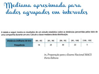 Mediana aproximada para
dados agrupados em intervalos
 