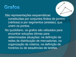 São representações esquemáticas
constituídas por conjuntos finitos de pontos
(vértices) e por segmentos (arestas), que
unem os pontos.
No quotidiano, os grafos são utilizados para
encontrar soluções ótimas para
determinadas situações: na definição de
redes de distribuição de mercadorias, na
organização de roteiros, na definição de
horários ou de sequências de tarefas.
 