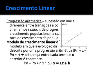 Progressão aritmética – sucessão em que a
diferença entre transições é constante, à qual
chamamos razão, r, da progressão. No caso de
crescimento populacional, a razão representa a
taxa de crescimento da população.
Modelo de crescimento linear discreto: é um
modelo em que a evolução da população é
descrita por uma progressão aritmética (Pn + 1 –
Pn = r)  diferença entre cada termo e o
anterior é constante.
Pn = P0 + n x r ou y = ax + b
 
