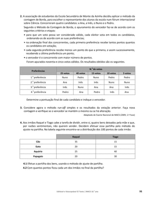 Editável e fotocopiável © Texto | MACS 10.o
ano 93
2. A associação de estudantes da Escola Secundária de Monte da Azinha decidiu aplicar o método da
contagem de Borda, para escolher o representante dos alunos da escola num fórum internacional
sobre Ciência. Concorreram quatro candidatos: a Ana, a Inês, o Nuno e o Pedro.
Segundo o Método da Contagem de Borda, o apuramento do vencedor faz-se de acordo com os
seguintes critérios e etapas:
• para que um voto possa ser considerado válido, cada eleitor vota em todos os candidatos,
ordenando-os de acordo com as suas preferências;
• na ordenação final dos concorrentes, cada primeira preferência recebe tantos pontos quantos
os candidatos em votação;
• cada segunda preferência recebe menos um ponto do que a primeira, e assim sucessivamente,
recebendo a última preferência um ponto;
• o vencedor é o concorrente com maior número de pontos.
Foram apurados noventa e cinco votos válidos. Os resultados obtidos são os seguintes.
Preferências
N.
o
de votos
25 votos 40 votos 15 votos 10 votos 5 votos
1.
a
preferência Nuno Pedro Nuno Pedro Pedro
2.
a
preferência Ana Inês Inês Nuno Nuno
3.
a
preferência Inês Nuno Ana Ana Inês
4.
a
preferência Pedro Ana Pedro Inês Ana
Determine a pontuação final de cada candidato e indique o vencedor.
3. Considere agora o método run-off simples e os resultados da votação anterior. Faça nova
contagem e verifique se o vencedor se mantém o mesmo ou se há alteração.
Adaptado de Exame Nacional de MACS (2009, 1.ª Fase)
4. Aos irmãos Raquel e Tiago cabe a tarefa de dividir, entre si, quatro bens deixados pela mãe e que,
por razões sentimentais, não querem vender. Decidem efetuar essa partilha pelo método do
ajuste na partilha. Na tabela seguinte encontra-se a distribuição dos 100 pontos de cada irmão:
Raquel Tiago
Cão 35 15
Gato 20 15
Aquário 25 40
Papagaio 20 30
4.1 Efetue a partilha dos bens, usando o método de ajuste de partilha.
4.2 Com quantos pontos ficou cada um dos irmãos no final da partilha?
 