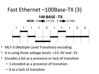 Fast Ethernet –100Base-TX (3)




• MLT-3 (Multiple Level Transition) encoding
• It is using three voltage levels: +1V, 0V and -1V
• Encodes a bit as a presence or lack of transition
   – 1 encoded as a presence of transition
   – 0 as a lack of transition
 