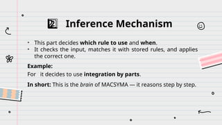 2 ️
2️⃣ Inference Mechanism
• This part decides which rule to use and when.
• It checks the input, matches it with stored rules, and applies
the correct one.
Example:
For it decides to use integration by parts.
In short: This is the brain of MACSYMA — it reasons step by step.
 