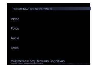 Multimédia e Arquitecturas Cognitivas
Programa Doutoral em Multimédia em Educação DeCA | DDTE | UA | 2008 | moreira@ua.pt; lpedro@ua.pt |
Vídeo
Fotos
Áudio
Texto
FERRAMENTAS COLABORATIVAS DE...
 