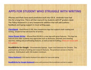 Fleksy Keyboard ($.99) Qwerty Keyboard that adjusts for inaccurate typing.
Read&Write for Google Keyboard(comes with premium) Word prediction and text to speech.
ClaroSpeak - iPad/iPhone (2.99) Nice inexpensive App that supports both reading and
writing. Simple format will work for all writers.
Voice Dream Writer - iPhone/iPad ($9.99) Is a new App with great features. This App has
features that older students may appreciate such as dictionary, phonetic and meaning
searches, editing and proofreading features, as well as text formatting. (There are issues with
8.2 update).
Read&Write for Google - Chromebooks/Laptops. Super nice Extension for Chrome. The
premium has all kinds of writing and research features. The premium version is free for
teachers. $10/student with 150 student minimum.
iPhones and iPads now have word prediction built into iOS 8. Androids have
had this for a long time. This is all that many of my 8th graders need. The
Fleksy Keyboard is a very inexpensive addition that will add auditory feedback
and typing support in most writing apps.
 