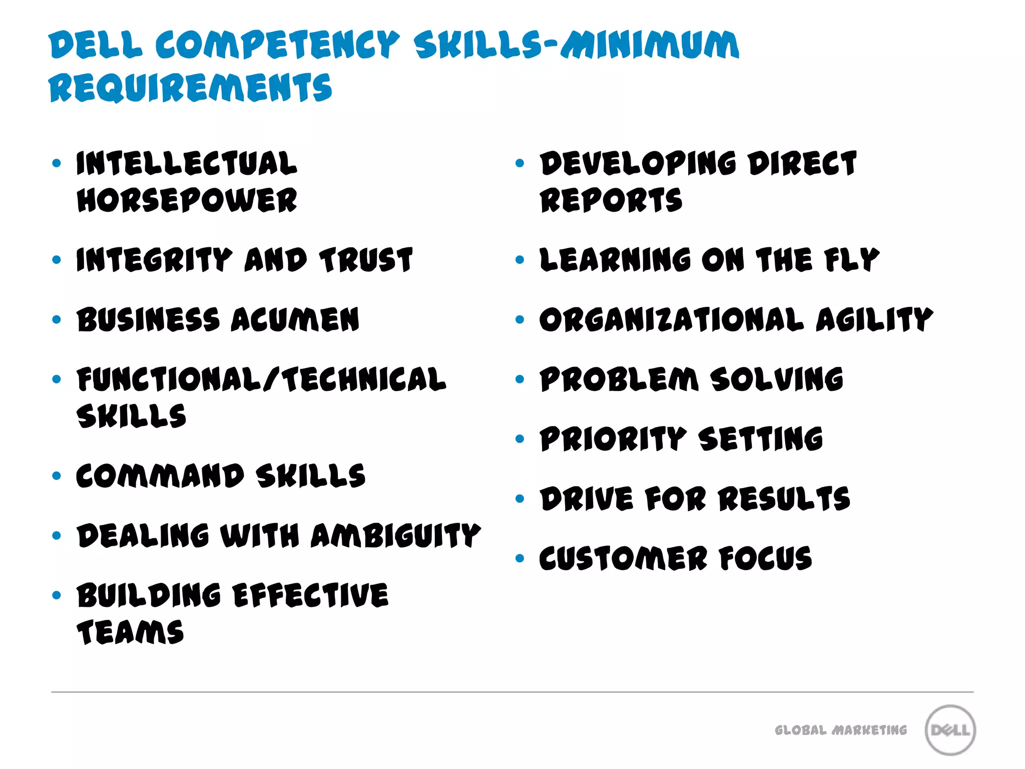 Dell Competency Skills-Minimum RequirementsDeveloping Direct ReportsLearning on the FlyOrganizational AgilityProblem Solving	Priority SettingDrive for Results Customer FocusIntellectual HorsepowerIntegrity and TrustBusiness AcumenFunctional/Technical SkillsCommand SkillsDealing with AmbiguityBuilding Effective Teams