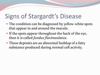 Signs of Stargardt’s Disease
 The condition can be diagnosed by yellow-white spots
that appear in and around the macula.
 If the spots appear throughout the back of the eye,
then it is called fundus flavimaulatus.
 These deposits are an abnormal buildup of a fatty
substance produced during normal cell activity.
 