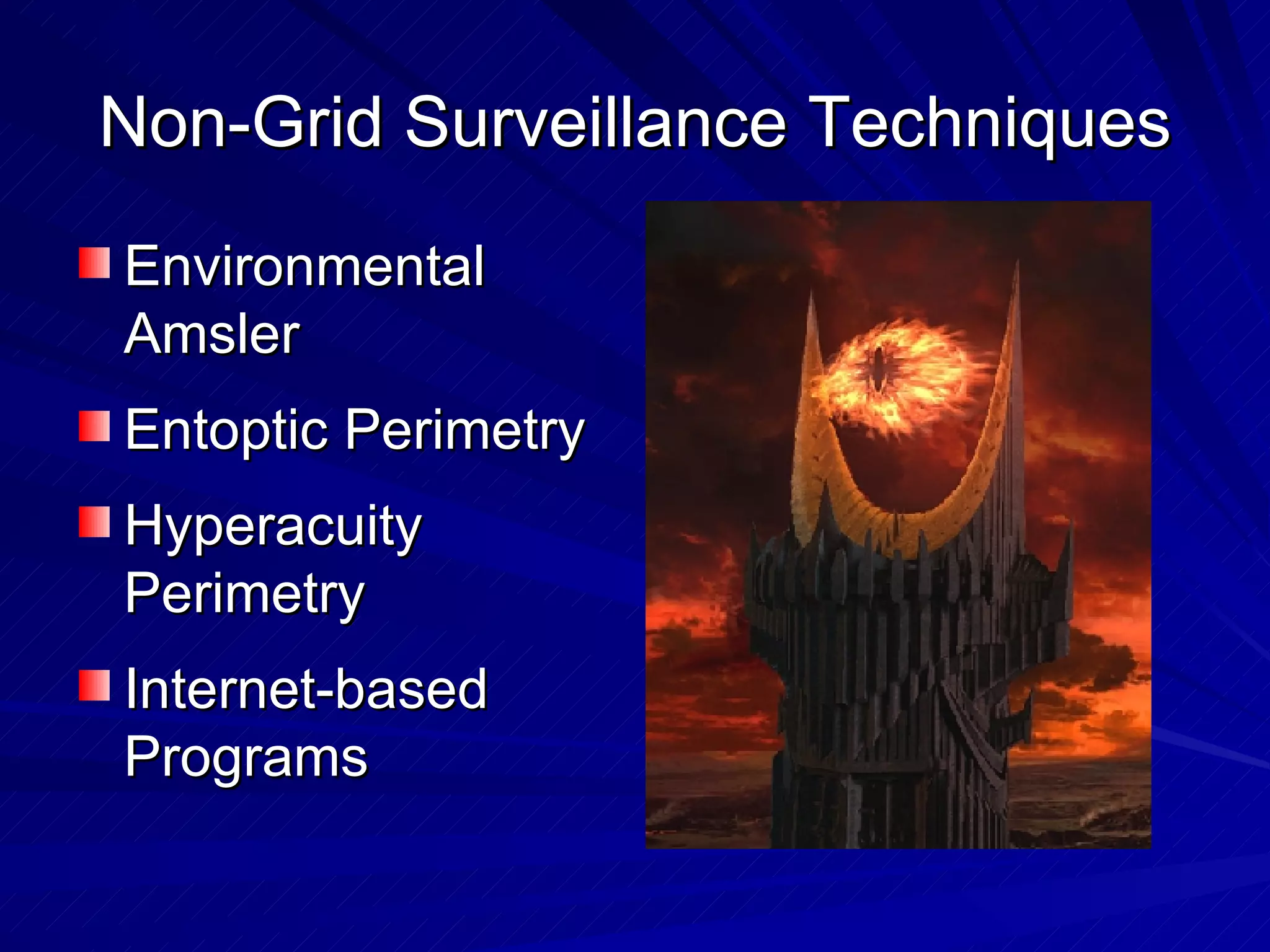 Non-Grid Surveillance Techniques Environmental Amsler Entoptic Perimetry Hyperacuity Perimetry Internet-based Programs 