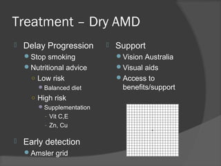 Treatment – Dry AMD
 Delay Progression
Stop smoking
Nutritional advice
○ Low risk
Balanced diet
○ High risk
Supplementation
- Vit C,E
- Zn, Cu
 Early detection
Amsler grid
 Support
Vision Australia
Visual aids
Access to
benefits/support
 