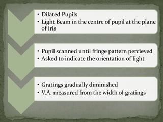 • Dilated Pupils
• Light Beam in the centre of pupil at the plane
of iris
• Pupil scanned until fringe pattern percieved
• Asked to indicate the orientation of light
• Gratings gradually diminished
• V.A. measured from the width of gratings
 