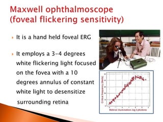 It is a hand held foveal ERG
 It employs a 3-4 degrees
white flickering light focused
on the fovea with a 10
degrees annulus of constant
white light to desensitize
surrounding retina
 