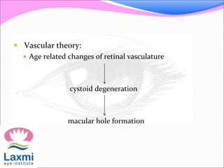  Vascular theory:
 Age related changes of retinal vasculature
cystoid degeneration
macular hole formation
 