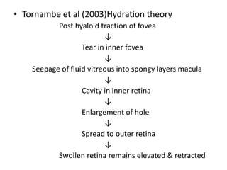 • Tornambe et al (2003)Hydration theory
Post hyaloid traction of fovea
↓
Tear in inner fovea
↓
Seepage of fluid vitreous into spongy layers macula
↓
Cavity in inner retina
↓
Enlargement of hole
↓
Spread to outer retina
↓
Swollen retina remains elevated & retracted
 