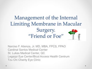 Management of the Internal
Limiting Membrane in Macular
Surgery.
“Friend or Foe”
Narciso F. Atienza, Jr. MD, MBA, FPCS, FPAO
Cardinal Santos Medical Center
St. Lukes Medical Center, QC
Legazpi Eye Center/Bicol Access Health Centrum
Tzu Chi Charity Eye Clinic
 