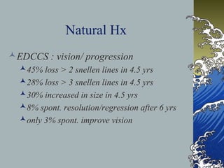 Natural Hx
EDCCS : vision/ progression
45% loss > 2 snellen lines in 4.5 yrs
28% loss > 3 snellen lines in 4.5 yrs
30% increased in size in 4.5 yrs
8% spont. resolution/regression after 6 yrs
only 3% spont. improve vision

 