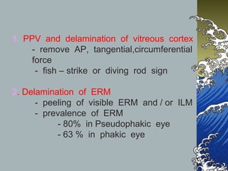1. PPV and delamination of vitreous cortex
- remove AP, tangential,circumferential
force
- fish – strike or diving rod sign
2. Delamination of ERM
- peeling of visible ERM and / or ILM
- prevalence of ERM
- 80% in Pseudophakic eye
- 63 % in phakic eye

 