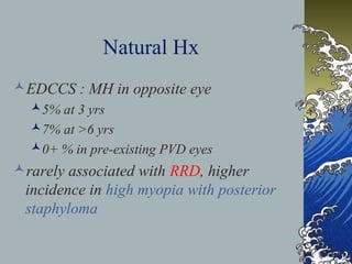 Natural Hx
EDCCS : MH in opposite eye
5% at 3 yrs
7% at >6 yrs
0+ % in pre-existing PVD eyes

rarely associated with RRD, higher
incidence in high myopia with posterior
staphyloma

 