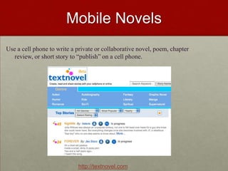 Mobile Surveys and Quizzeshttp://mobiode.com/Create surveys and quizzes online and send to phones via text message (cost) or mobile InternetTake Liz’s Surveyhttp://techtools.mobiode.mobi
