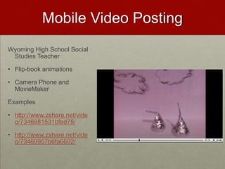 PhotoPosting Project:  Documenting Lab ActivitiesMathematics teacher has students document their mathematical steps and lab activities, then put them into a slideshow along with process explanation.Web link: http://mathematicslearning.blogspot.com/2008/04/mobile-has-changed-my-way.html