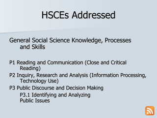 HSCEs Addressed General Social Science Knowledge, Processes  and Skills P1 Reading and Communication (Close and Critical Reading) P2 Inquiry, Research and Analysis (Information Processing, Technology Use) P3 Public Discourse and Decision Making P3.1 Identifying and Analyzing  Public Issues 