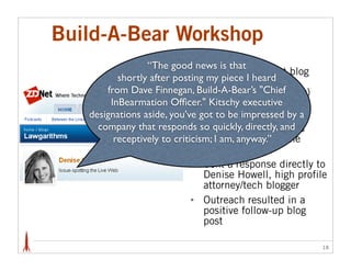 Build-A-Bear Workshop
                 “The good news is that
                             • Monitoring caught blog
          shortly after postingstory on ZDNET.com
                                 my piece I heard
       from Dave Finnegan, Build-A-Bear’s "Chief
                                (1.4M visitors monthly)
        InBearmation Ofﬁcer." Kitschy executive
                                about privacy practices
   designations aside, you’ve got to be impressed by a
                             • In one day, it spread to
     company that responds so quickly, directly, and
                                other high traffic sites
         receptively to criticism; I am, anyway.” The
                                (BoingBoing.net;
                                Consumerist)
                             • Sent a response directly to
                                Denise Howell, high profile
                                attorney/tech blogger
                             • Outreach resulted in a
                                positive follow-up blog
                                post

                                                         18
 