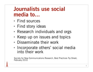 Journalists use social
media to...
•   Find sources
•   Find story ideas
•   Research individuals and orgs
•   Keep up on issues and topics
•   Disseminate their work
•   Incorporate others’ social media
    into their work
Society for New Communications Research, Best Practices Tip Sheet,
February 2010

                                                                     5
 