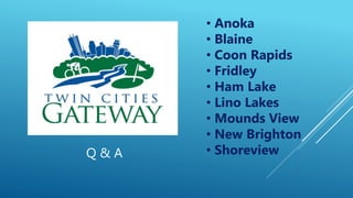 • Anoka
• Blaine
• Coon Rapids
• Fridley
• Ham Lake
• Lino Lakes
• Mounds View
• New Brighton
• ShoreviewQ & A
 