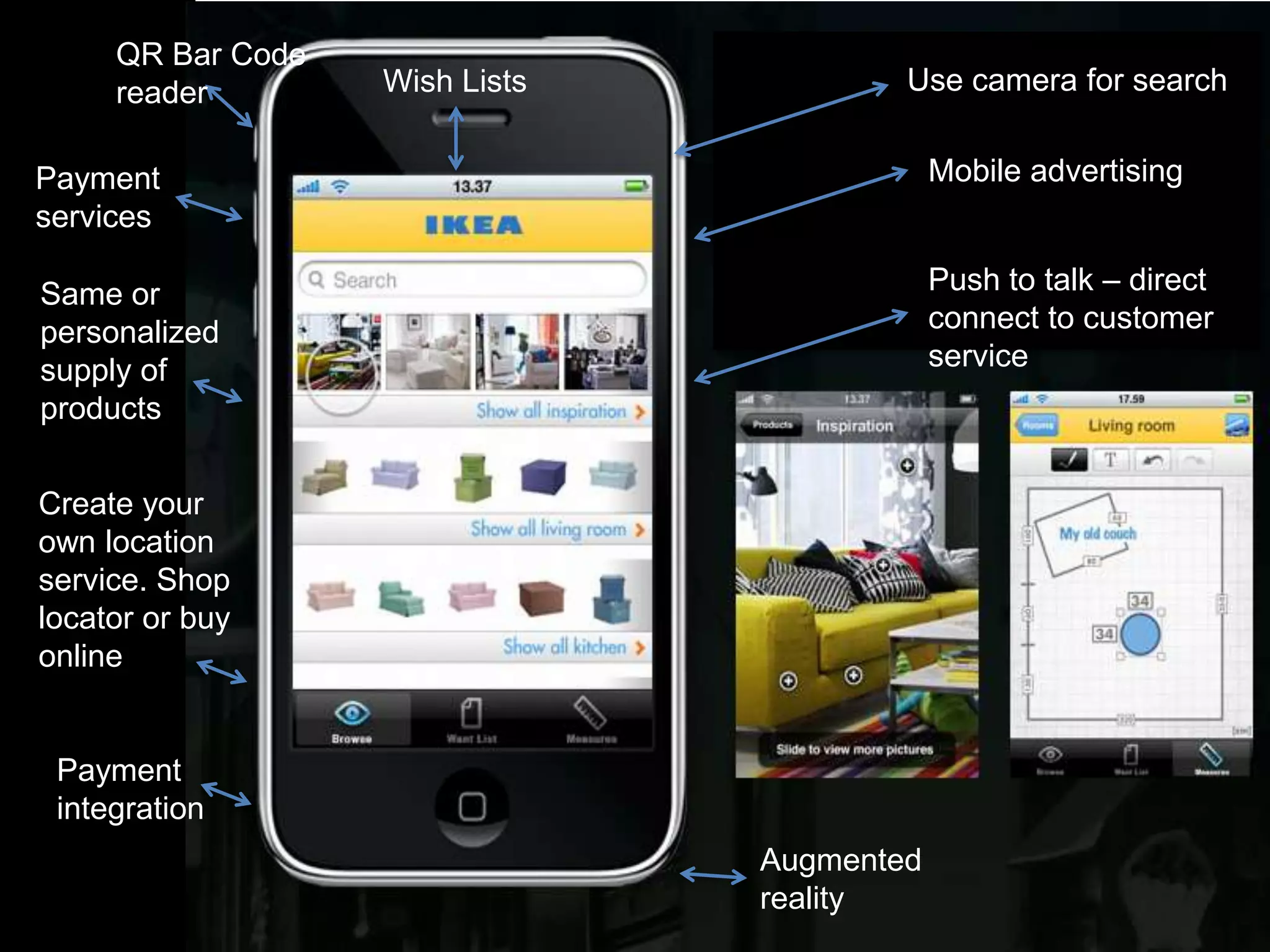 QR Bar Code
     reader        Wish Lists           Use camera for search


Payment                                     Mobile advertising
services

Same or                                     Push to talk – direct
personalized                                connect to customer
supply of                                   service
products


Create your
own location
service. Shop
locator or buy
online


 Payment
 integration
                                Augmented
                                reality                    Page 28
 
