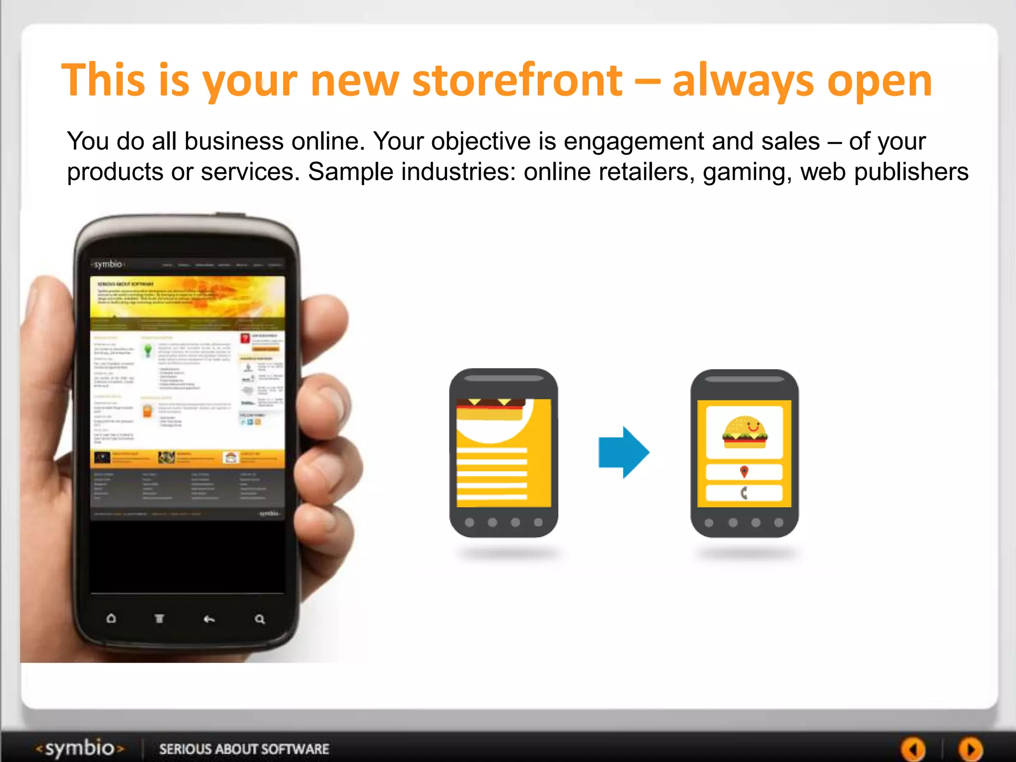 This is your new storefront – always open
You do all business online. Your objective is engagement and sales – of your
products or services. Sample industries: online retailers, gaming, web publishers
 