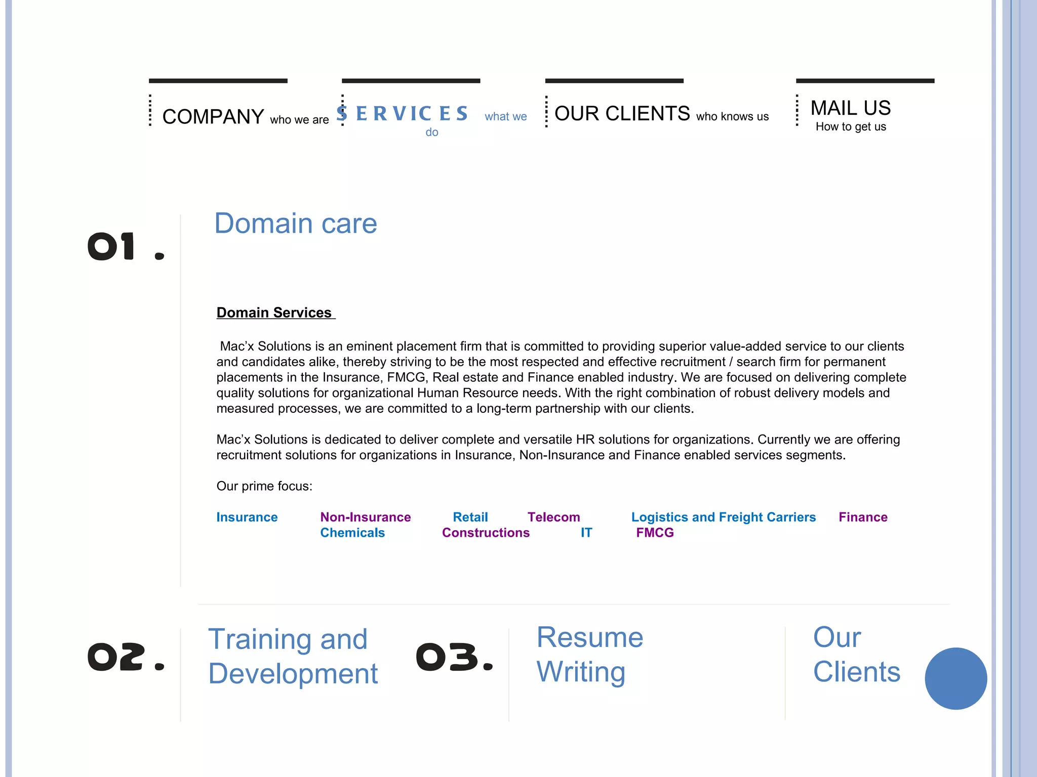 MAIL US   How to get us COMPANY   who we are Domain care Domain Services   Mac’x Solutions is an eminent placement firm that is committed to providing superior value-added service to our clients and candidates alike, thereby striving to be the most respected and effective recruitment / search firm for permanent placements in the Insurance, FMCG, Real estate and Finance enabled industry. We are focused on delivering complete quality solutions for organizational Human Resource needs. With the right combination of robust delivery models and measured processes, we are committed to a long-term partnership with our clients.   Mac’x Solutions is dedicated to deliver complete and versatile HR solutions for organizations. Currently we are offering recruitment solutions for organizations in Insurance, Non-Insurance and Finance enabled services segments.   Our prime focus:  Insurance Non-Insurance   Retail Telecom Logistics and Freight Carriers Finance   Chemicals   Constructions  IT  FMCG Training and  Development Resume  Writing Our  Clients SERVICES  what we do OUR CLIENTS   who knows us 