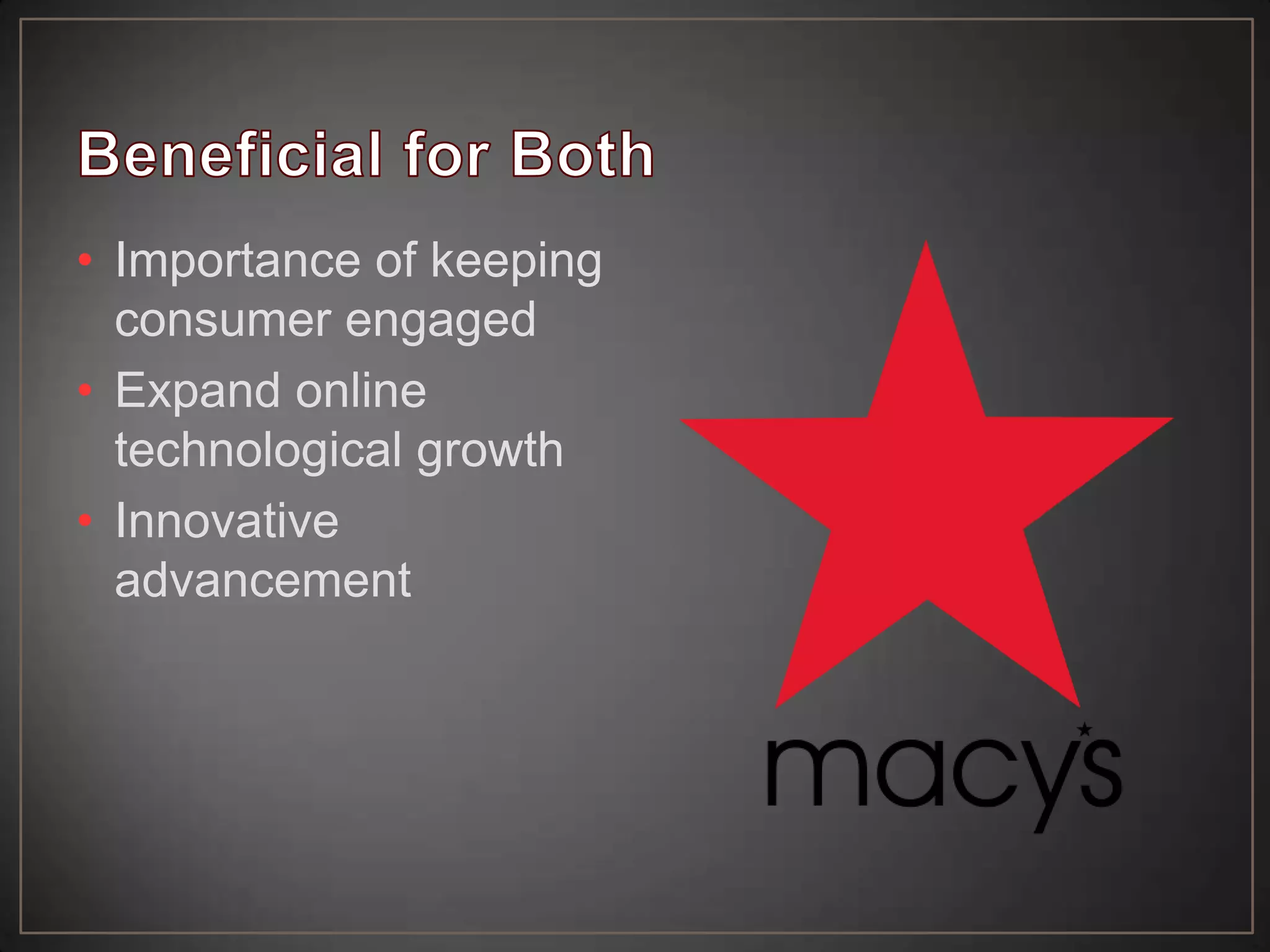 • Importance of keeping
consumer engaged
• Expand online
technological growth
• Innovative
advancement