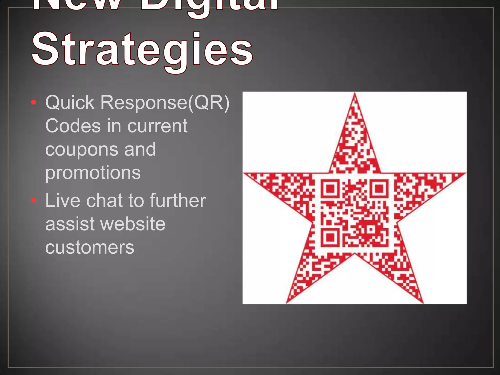 • Quick Response(QR)
Codes in current
coupons and
promotions
• Live chat to further
assist website
customers